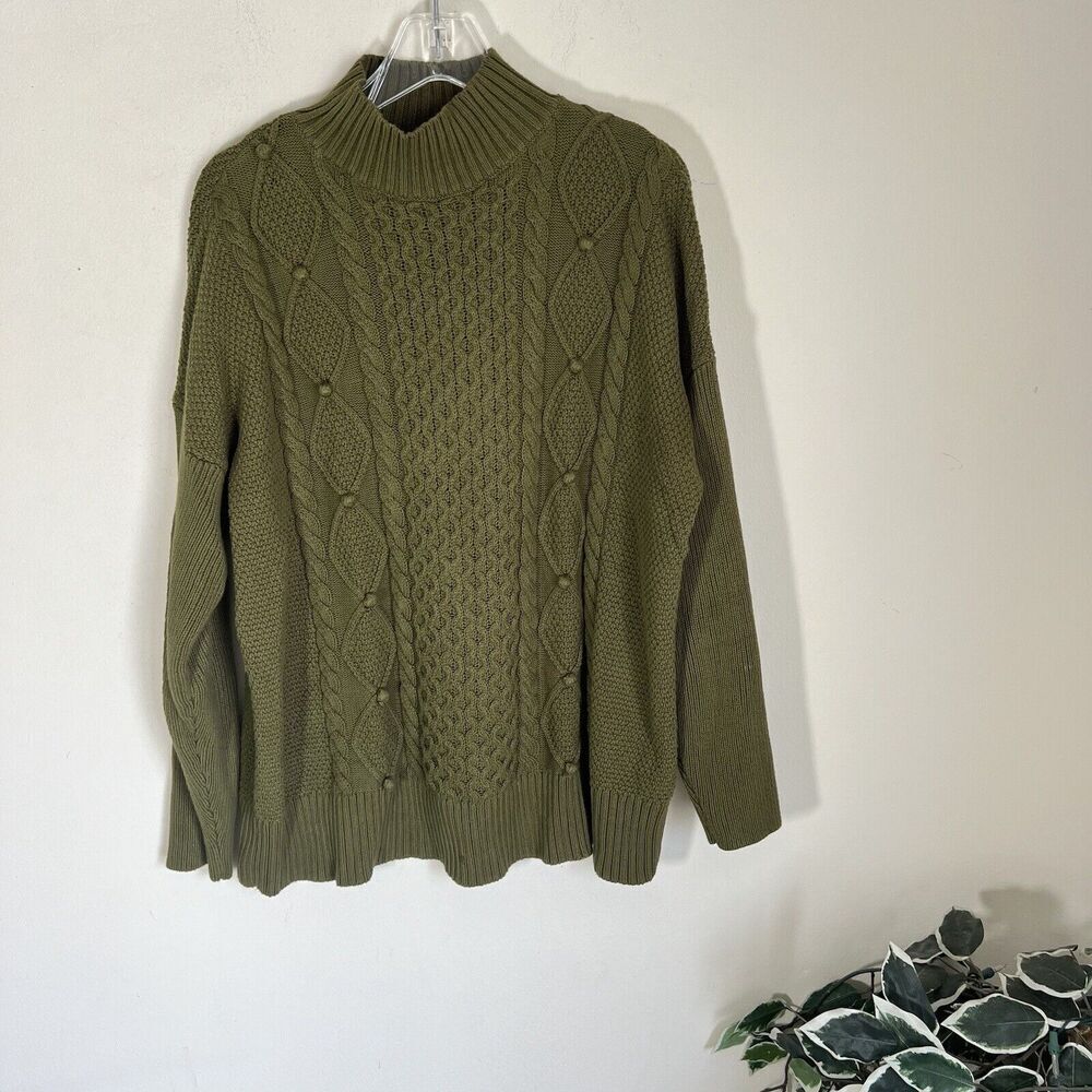 J. Crew Women's Swingy Cable-Knit Mockneck Sweater Cotton Hunter Green Large